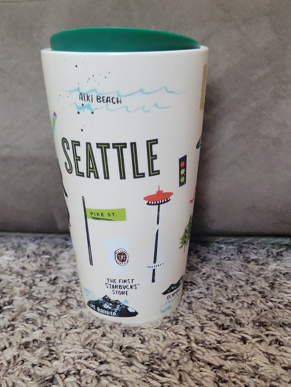 STARBUCKS Seattle Themed Travel Tumbler with Green Lid. 12 Oz.